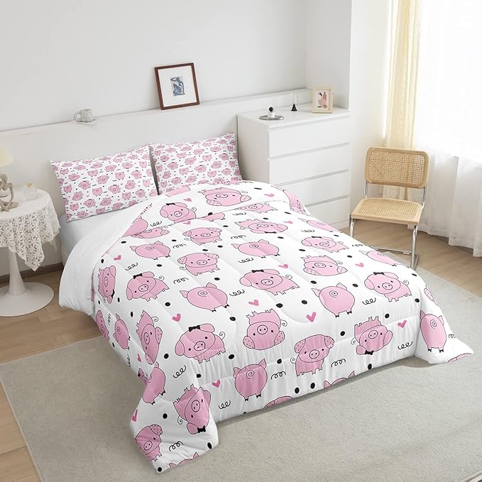 Erosebridal Pink Pig Comforter Set for Girls Kawaii Room Decor Twin,Cute Pigs Bedding Set for Kids Boys Children Farm Animal Quilted Duvet Sets Cartoom Style Soft Lightweight Down Comforter 2 Pcs