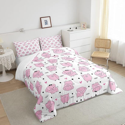 Erosebridal Pink Pig Comforter Set for Girls Kawaii Room Decor Twin,Cute Pigs Bedding Set for Kids Boys Children Farm Animal Quilted Duvet Sets Cartoom Style Soft Lightweight Down Comforter 2 Pcs