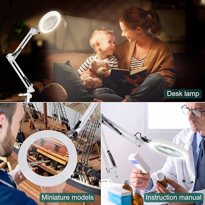 10X Magnifying Glass with Light, Krstlv Real Glass Lens Desk Lamp & Clamp, 3 Color Modes Stepless Dimmable, Hands Free LED Lighted Magnifier with Light and Stand for Reading Crafts Close Works - White