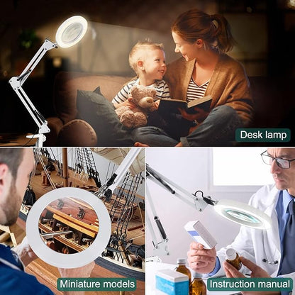 10X Magnifying Glass with Light, Krstlv Real Glass Lens Desk Lamp & Clamp, 3 Color Modes Stepless Dimmable, Hands Free LED Lighted Magnifier with Light and Stand for Reading Crafts Close Works - White