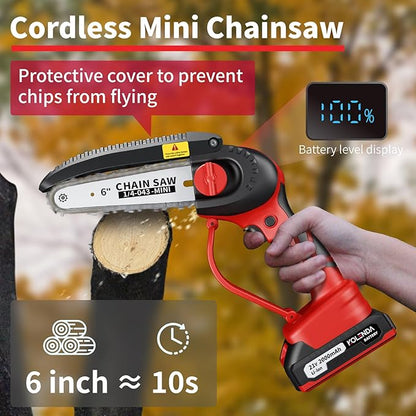 Cordless Mini Chainsaw 6-Inch with Electronic Oil Outlet & LCD Display, 900W 2000mAh Battery, Portable Handheld Electric Chainsaw for Tree Cutting, Courtyard, Garden (2 Batteries Included)