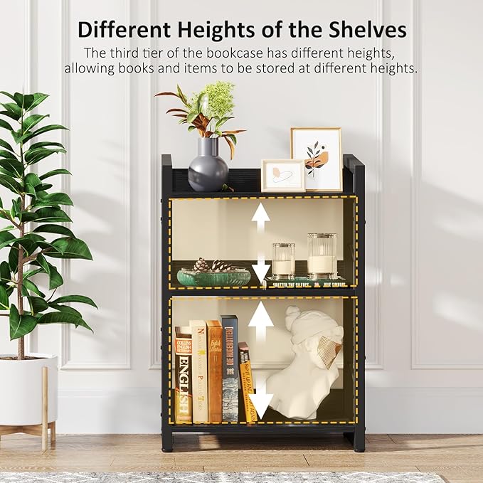 Book Shelf Small Bookshelf - 3-Tier Wood Bookcase Industrial Bookshelf Metal Narrow Bookshelves Storage Organizer Display Rack for Bedroom Living Room Home Office (Black)