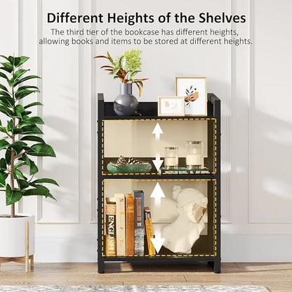 Book Shelf Small Bookshelf - 3-Tier Wood Bookcase Industrial Bookshelf Metal Narrow Bookshelves Storage Organizer Display Rack for Bedroom Living Room Home Office (Black)