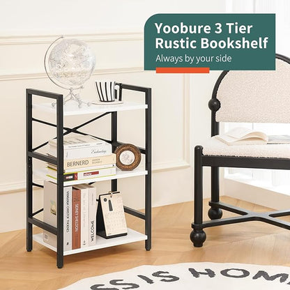 Yoobure Bookshelf Small Book Shelf, Solid Industrial 3 Tier Shelf Bookcase, Short Book Case for Bedroom, Living Room, Office Home, Small Spaces, White