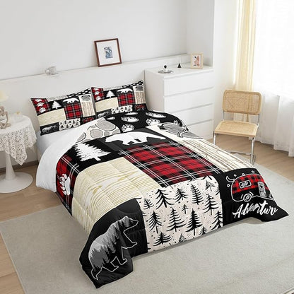 Bear Comforter Set King Size,Pine Trees Animals Hunting Bedding Set for Kids Boys Girls Adults Room Decor,Camping Adventure Rustic Farmhouse Down Comforter,Red Plaids Duvet Insert,2 Pillowcases