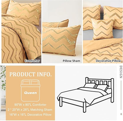 Yellow Gold Comforter Set Queen Size Metallic Bedding Set for Girls Lightweight Microfiber Comforter Set,4 Piece (2 Matching Sham + 1 Decorative Pillow)