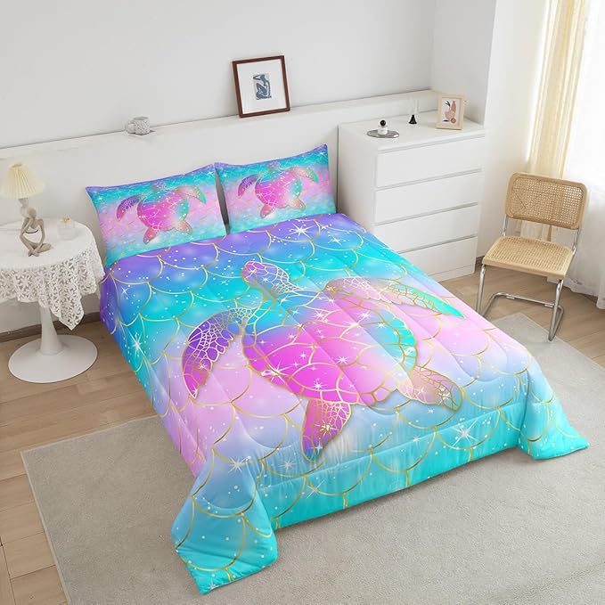 Erosebridal Mermaid Scales Comforter Set for Girls, Tortoise Reptile Bedding Set Queen Size, Sea Turtle Ocean Life Duvet Sets for Kids Children Boys Women, Sweet Girly Down Comforter, Teal Blue