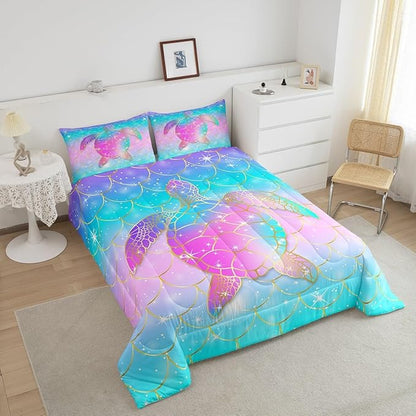 Erosebridal Mermaid Scales Comforter Set for Girls, Tortoise Reptile Bedding Set Queen Size, Sea Turtle Ocean Life Duvet Sets for Kids Children Boys Women, Sweet Girly Down Comforter, Teal Blue