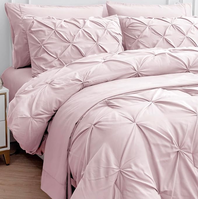 Lane Linen King Size Comforter Set, 7 Piece King Bedding Set, Pintuck King Bed in a Bag Set, King Size Pink Bed Set, Pinch Pleated King Size Comforter Set with Sheets, Pillowcases & Shams - Sepia Rose