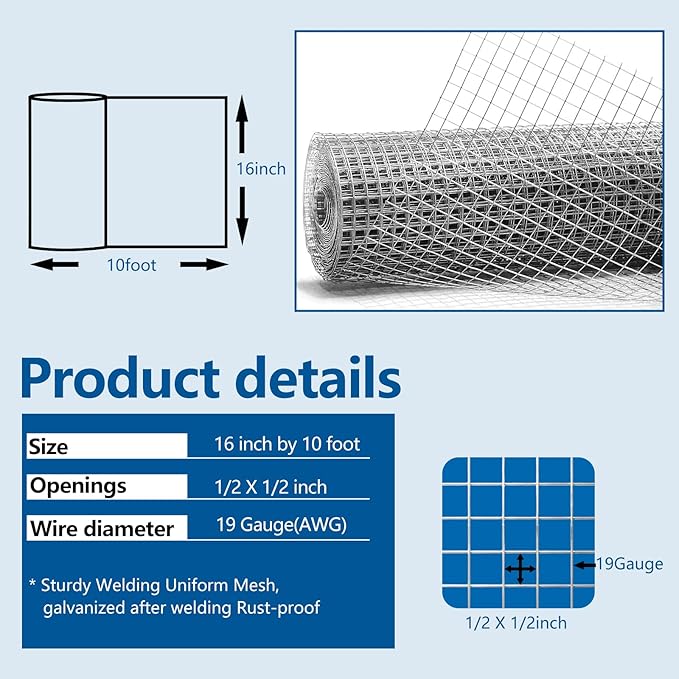 Hardware Cloth 1/2 inch 19Ga Double Hot-Dipped Galvanized After Welding Wire Fence Mesh Welded Metal Chicken Wire Fencing Roll (Silver 1/2 16X10)
