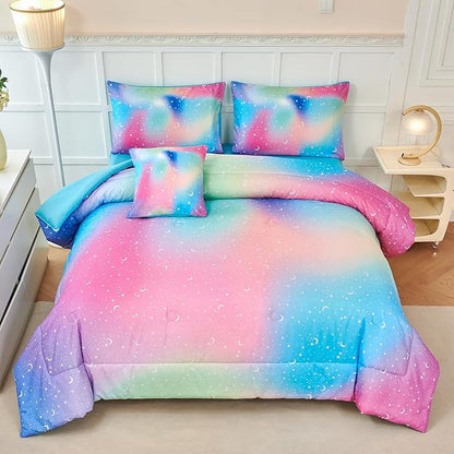URBONUR Kids Bedding Set Twin Size 6 Pieces Comforter & Sheet Set Colorful Rainbow Tie Dye Stars Printed Girls Bedding Set Ultra Soft Bed Sets