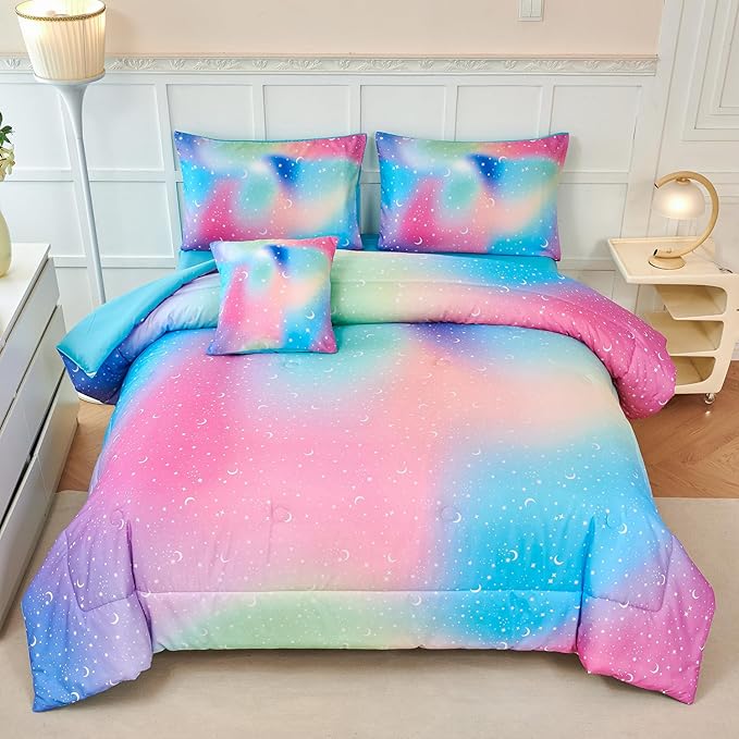 URBONUR Queen Size Comforter Set, Rainbow Stars Queen Bedding Set for Teen Girls Women, 6 Pieces Comforter, Flat Sheet, Fitted Sheet & Pillowcases