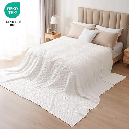 PHF 100% Cotton Waffle Blanket Oversized King 120"x120", Lightweight Breathable Extra Large 10'x10' Summer Blankets for Bed, Giant Big Luxury Aesthetic Woven Bedding for Home Decor, White