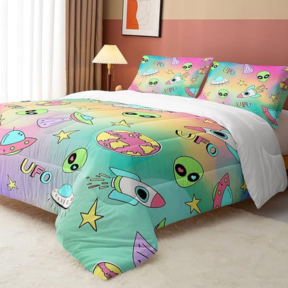 Datura home Space Alien Children Bedding Comforter Set for Girls Kids,Colorful Cartoon Outer Space Planet UFO Lovely Alien Theme Bedding Set with 1 Comforter and 2 Pillowcases(Alien3 Queen)