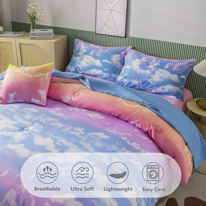 PERFEMET Twin Comforter Set for Girls, Corlofrul Rainbow Twin Size Bedding Set, 6Pcs Blue Sky and White Cloud Print Twin Size Bed in A Bag with Comforter and Sheets