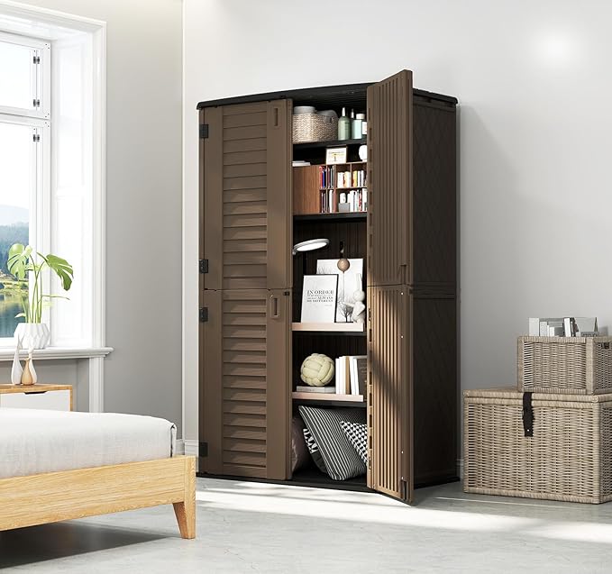 HOMSPARK Storage Shed Weather Resistance, Multi-Purpose Outdoor Storage Cabinet for Backyards and Patios, Horizontal Storage Shed for Lawnmower, Patio Accessories (Coffee, Tall - 53 cu.ft)