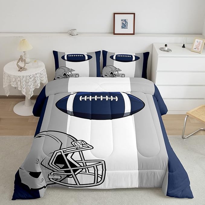 Feelyou Kids Football Comforter Set King Size Rugby Sports Bedding Set for Boys Teens Decor Soccer Ball Game Comforter American Football Grey Blue Duvet Set Quilt 3Pcs Boys