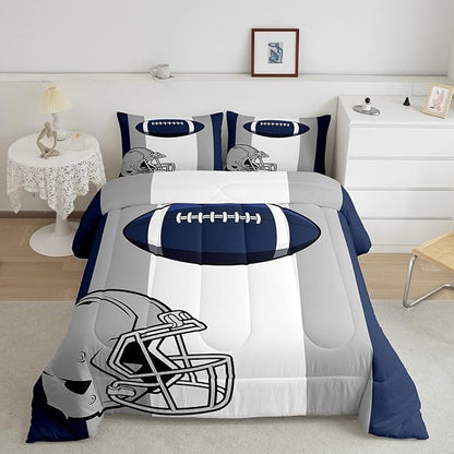 Feelyou Kids Football Comforter Set King Size Rugby Sports Bedding Set for Boys Teens Decor Soccer Ball Game Comforter American Football Grey Blue Duvet Set Quilt 3Pcs Boys