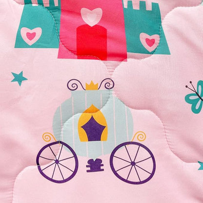 Wajade Kids Pink Princess Comforter Set Bed in A Bag Full Size 7 Piece Princess Fairy Tales Castle Bedding Set for Girl (1 Comforter, 1 Flat Sheet, 1 Fitted Sheet, 2 Pillowcase and 2 Pillow Sham)