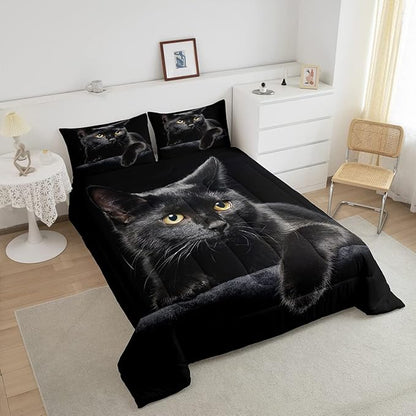 Erosebridal Black Cat Comforter Set Full 3D Cat Duvet Insert for Kids Girls Boys Cat Lover Cute Farmhouse Domestic Pet Animal Bedding Set Cute Cat Down Comforter Soft Warm Quilt Set Bedroom Decor