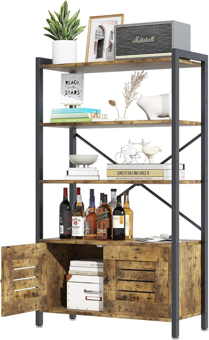 Storage Cabinet with 3 Open Shelves, 1 Cupboard Large Kitchen Industrial Display Standing Shelf, Rustic Brown Wooden and Metal FrameShelf for Living Room, Bedroom, Home Office Organizer