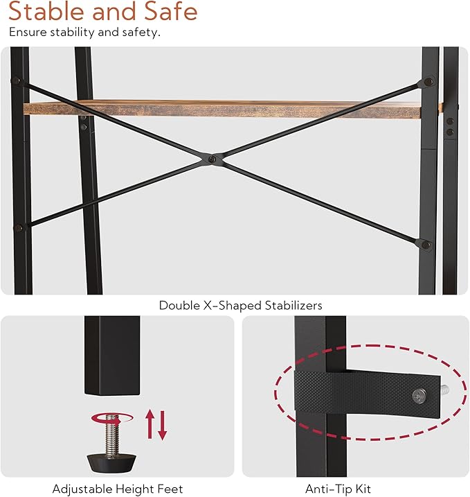 Yusong Bookshelf, Ladder Shelf 5-Tier Bookcase for Bedroom, Industrial Book Shelves Storage Rack with Metal Frame for Home Office, Rustic Brown