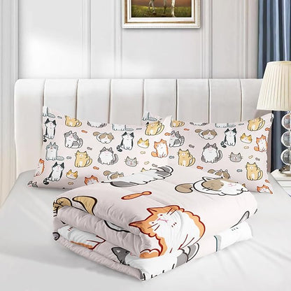 Kids Cute Cat Comforter Set Twin Size 3Pcs Cartoon Pet Cat Fishing Bedding Set Lovely Animal Quilt Bed Set for Children Girls Boys Room Decor