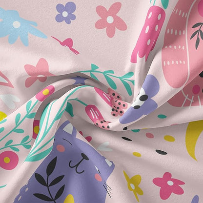 Floral Cat Comforter Queen Size,Pink Cat Comforter Set for Kids Teens Girls,3Pcs Bedding Set Printed Comforter with 2 Pillowcases,Down Alternative,Soft and Lightweight(Pink，Queen Size)