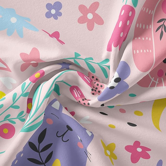 Floral Cat Comforter Twin Size,Pink Cat Comforter Set for Kids Teens Girls,3Pcs Bedding Set Printed Comforter with 2 Pillowcases,Down Alternative,Soft and Lightweight(Pink，Twin Size)