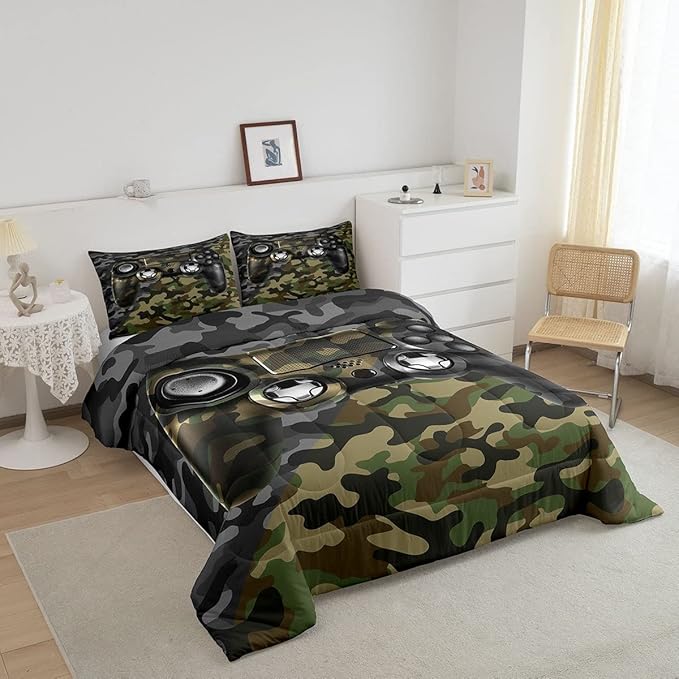 Feelyou Kids Gamer Comforter Set Camouflage Gaming Bedding Set for Boys Teens Bedroom Green Black Camo Video Game Decor Comforter Gamer Console Quilt Set Twin Size Duvet Quilted 2Pcs