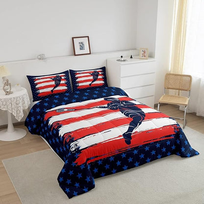 Lacrosse Comforter Set Full Size Boys Gilrs American Flag Sports Theme Bedding Set for Kids Adults Ultra Soft Lacrosse Player Games Comforter Navy Blue Duvet Set Room Decor Quilt Set