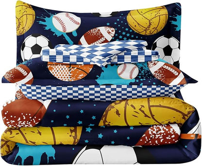 Kids Boys Comforter Set Twin Bed in a Bag w/Sheet Sets, Blue Twin Bedding Sets for Teens Soccer Basketball Baseball Football Sports Themed Bedroom Decor Reversible Design