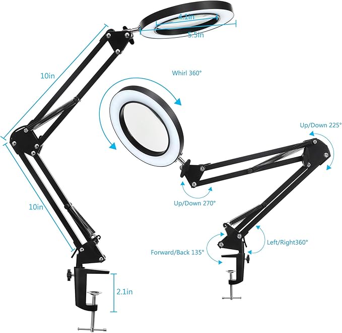 LED Magnifying Lamp with Clamp, 10X Real Glass Lens, 3 Color Modes and Stepless Dimmable Magnifier Desk Lamp,Adjustable Swivel Arm Lighted Magnifying Glass for Repair Craft Close Work-Black