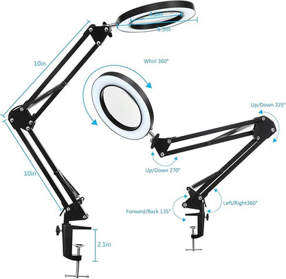 LED Magnifying Lamp with Clamp, 10X Real Glass Lens, 3 Color Modes and Stepless Dimmable Magnifier Desk Lamp,Adjustable Swivel Arm Lighted Magnifying Glass for Repair Craft Close Work-Black