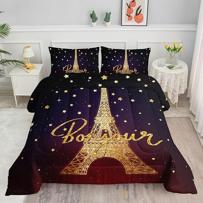Datura home Kids Comforter Set Eiffel Tower Printed Pattern Bedding Set with 1 Comforter and 2 Pillowcases for Girls Boys Bedroom All Season(Tower Queen)