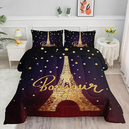 Datura home Kids Comforter Set Eiffel Tower Printed Pattern Bedding Set with 1 Comforter and 2 Pillowcases for Girls Boys Bedroom All Season(Tower Full)