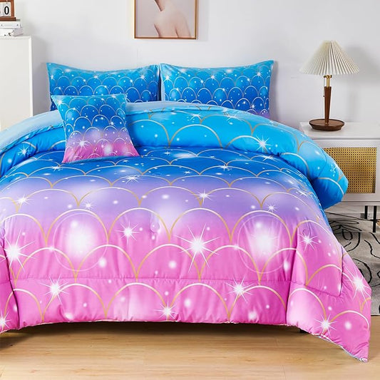 URBONUR 6Pcs Mermaid Comforter Set for Girls Full Size Bed in a Bag Pink Purple Blue Sparkle Glitter Bedding Set Soft All Season Comforter with Sheet Set