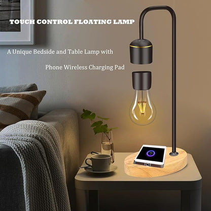 Magnetic Levitating Light Bulb Levitation Real Wood Black Floating Desk Lamp LED Night Lights with Luxury Wireless Charging Pad (Apple/Android) for Christmas Gift