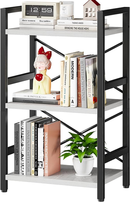 Bookshelf, 3 Tier Industrial Bookcase, Metal Small Bookcase, Rustic Etagere Book Shelf Storage Organizer for Living Room, Bedroom, and Home Office(White) Patent Pending D29873033