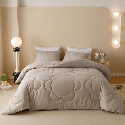 Khaki Flower Comforter Full Light Champagne Sunflower Print Bed Full Comforter 3 PCs Champagne Floral Comforter Set for Boys Girls Teens Bedroom Decor All Season Hotel Quality Comforter