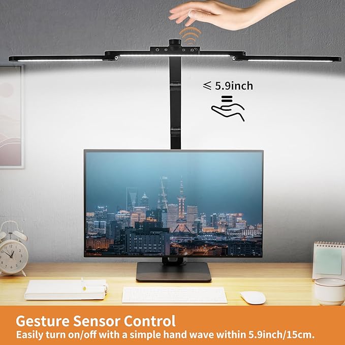 Desk Lamp with Hand-Sweep Sensor Desk Lamps for Home Office Desk Lamp with Clamp with 2 USB C+A Ports 24W LED Desk Light Clip On Desk Lamp with Timer, 3 Colors, 7 Brightness Dimmable Lamp For Desk