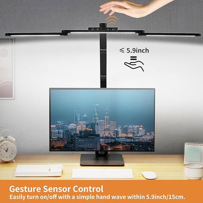 Desk Lamp with Hand-Sweep Sensor Desk Lamps for Home Office Desk Lamp with Clamp with 2 USB C+A Ports 24W LED Desk Light Clip On Desk Lamp with Timer, 3 Colors, 7 Brightness Dimmable Lamp For Desk