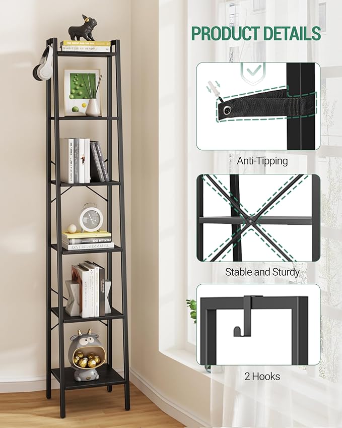 Ladder Shelf, Bookshelf Bookcase, Freestanding Corner Storage Shelve with 2 Hooks for Home Office, Living Room, Kitchen, Bedroom, Industrial, 6-Tier Black BC13304B