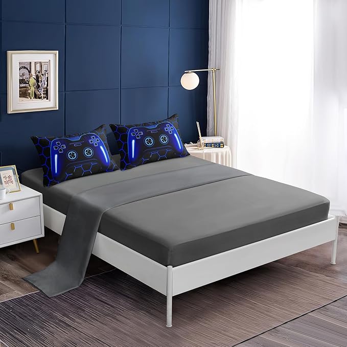 6 Pieces Bed in a Bag for Boys Bedding Sets Queen Size,Gamer Comforter Sets for Boys Kids, Gaming Comforter Set for Boys Room Decor with Flat Sheet,Fitted Sheet,Pillowcase,Cushion Cover