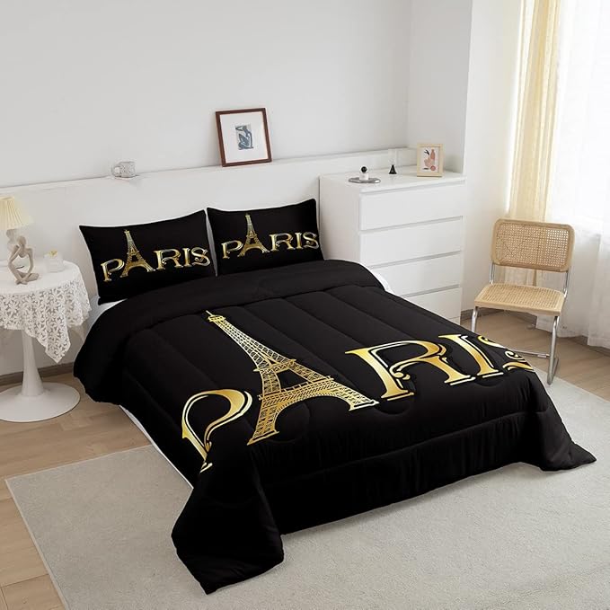 Erosebridal Eiffel Tower Comforter Set, City Building of Paris Bedding Set Queen Size, Gold Black Duvet Sets for Kids Boys Girls Teens Bedroom, Soft Microfiber Bedding Comforters with 2 Pillow Cases