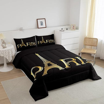 Erosebridal Eiffel Tower Comforter Set, City Building of Paris Bedding Set Queen Size, Gold Black Duvet Sets for Kids Boys Girls Teens Bedroom, Soft Microfiber Bedding Comforters with 2 Pillow Cases