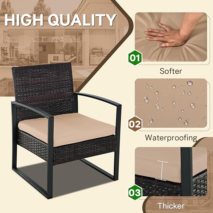 3 Pieces Patio Furniture Set, Outdoor Patio Set, Patio Bistro Set, All-Weather Wicker Conversation Set with Cushions Table for Porch Backyard (Brown-Brown)