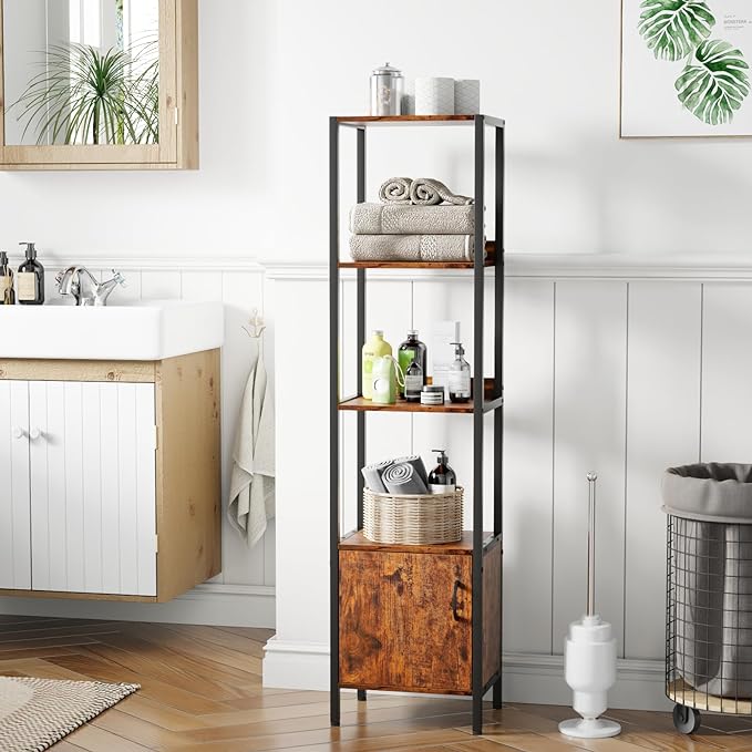 Furologee 5-Tier Bookshelf, Narrow Shelf with Storage Cabinet for Bedroom, Metal and Wood Shelf, Industrial Freestanding Display Tall Shelf for Living Room, Home Office, Bathroom, Rustic Brown