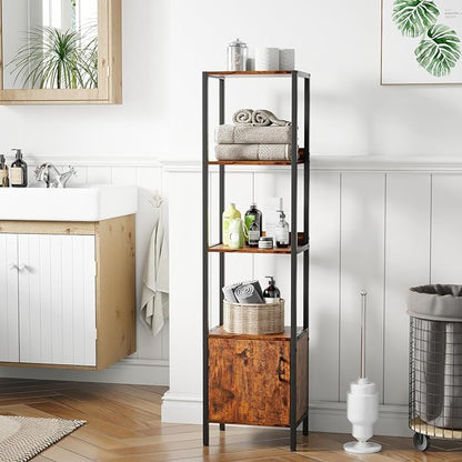 Furologee 5-Tier Bookshelf, Narrow Shelf with Storage Cabinet for Bedroom, Metal and Wood Shelf, Industrial Freestanding Display Tall Shelf for Living Room, Home Office, Bathroom, Rustic Brown