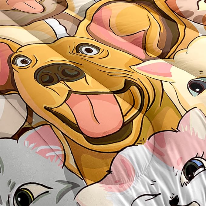 Dogs Bedding Set Queen Size 3Pcs - Cute Cartoon Dog Animal Print Comforter Set for Kids Boys Lightweight Soft Puppy Comforter with 2 Pillowcases All-Season Boys Teens Bedroom Dorm Bedding Decor